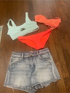 triangl swimwear Mint & Neon Coral Bikini Set with Jean shorts